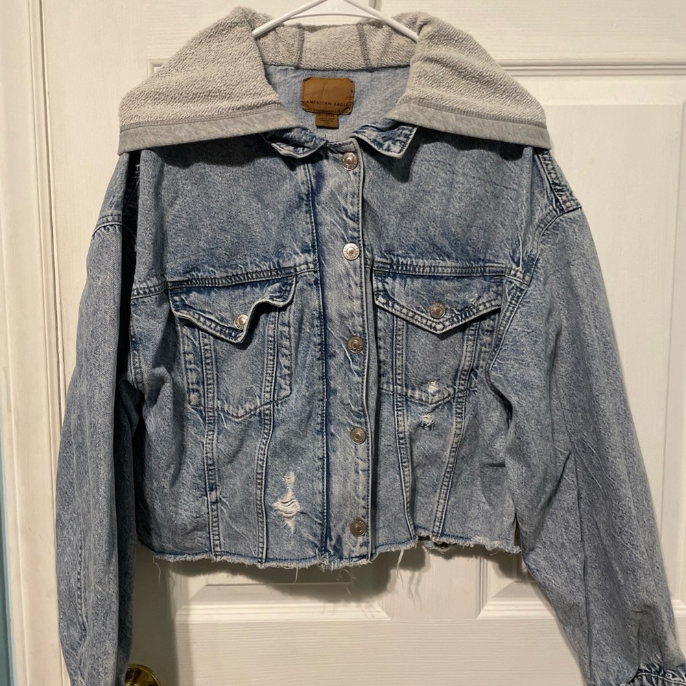 American Eagle Outfitters Denim Jacket with Gray Hood